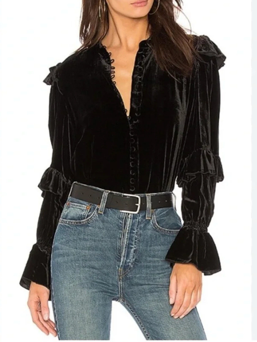 Frame Black Velvet Victorian Gothic Ruffle Sleeve Button Up Blouse S